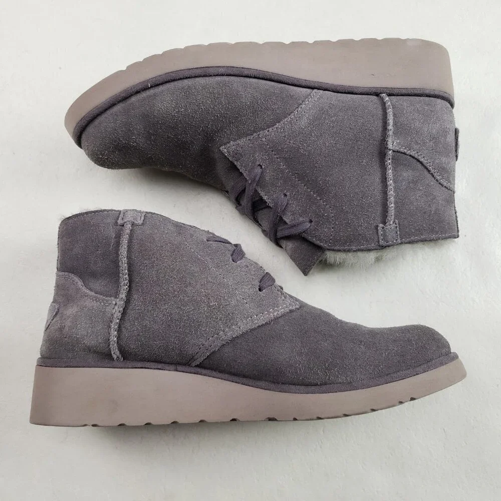 Ugg Koolaburra Suede Ankle Boot Women 8 Gray Faux Fur Lined Lace Up Chukka Wedge